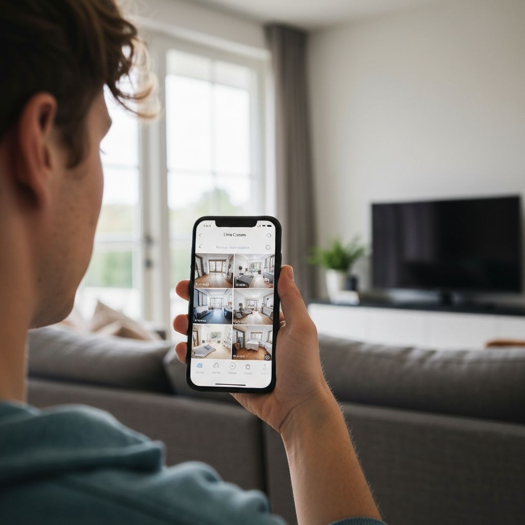 Homeowner viewing live security camera feeds on smartphone app