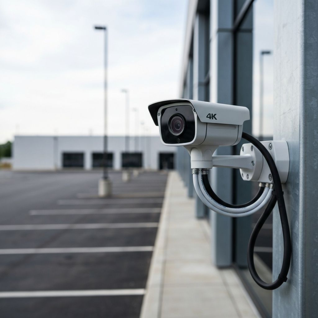 Weatherproof 4K bullet camera professionally installed on commercial building